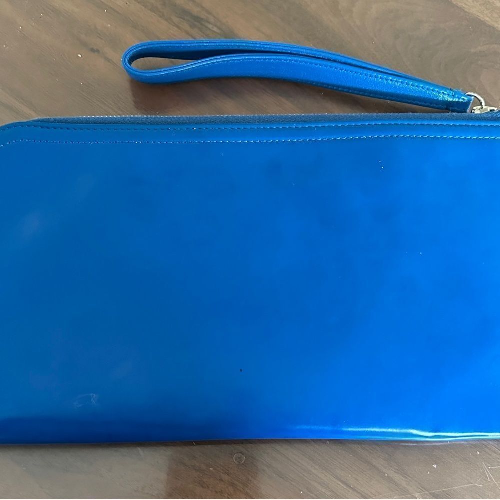 AUTHENTIC Chanel dark blue, lipstick, wristlet patent leather clutch with strap. - Picture 2 of 9